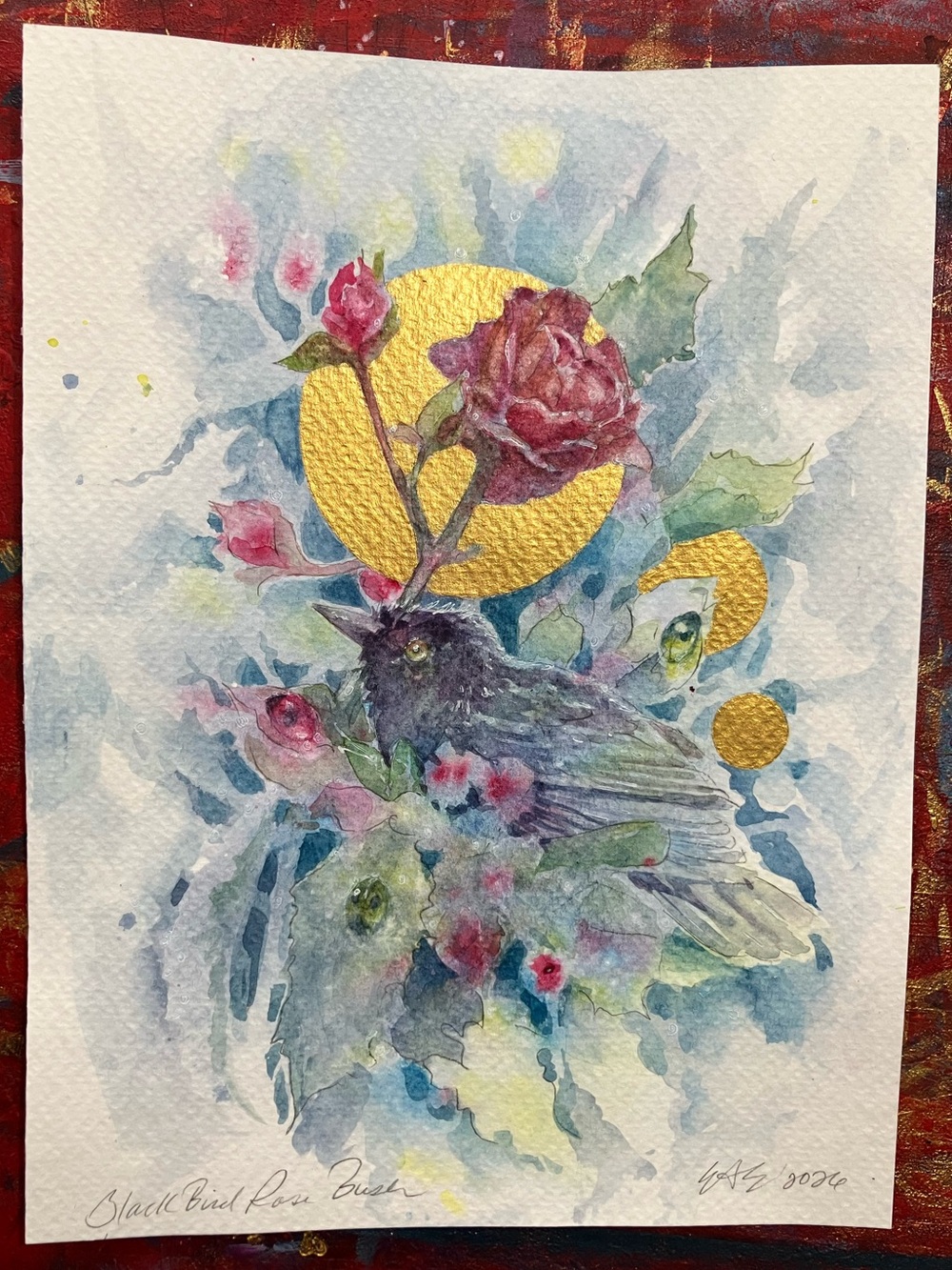 Original crow rose painting black bird art gold accents home decor EAE